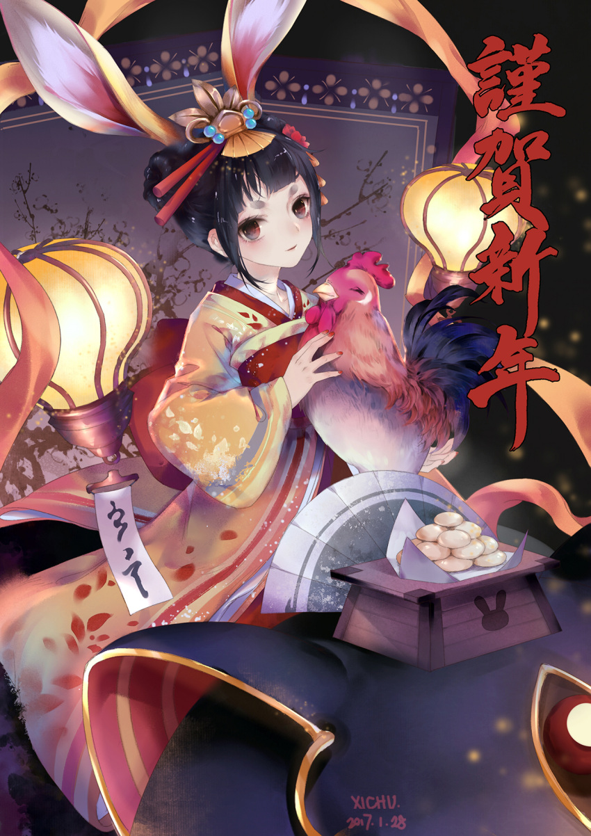1girl 2017 animal animal_ears artist_name bangs beak bird black_hair blunt_bangs chicken closed_eyes closed_mouth collarbone double_bun egg fan fingernails floating_object folding_fan head_tilt highres holding holding_animal lantern light long_sleeves looking_at_viewer nail_polish onmyouji rabbit_ears red_eyes red_nails rooster sash shaved_eyebrow short_hair smile solo standing translation_request wide_sleeves xi_chu_yang_guan