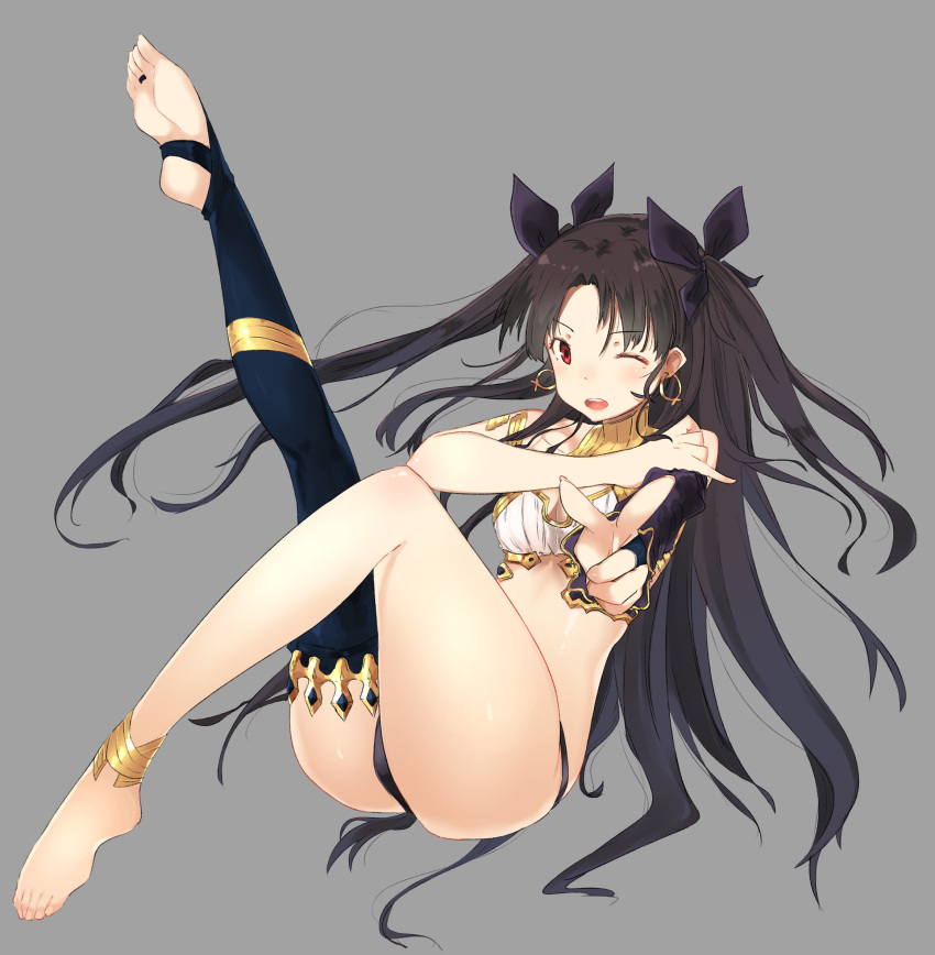 &gt;;d 1girl ;d aiming_at_viewer anklet armlet ass bad_feet bangs bare_legs bare_shoulders barefoot black_hair black_legwear black_panties black_ribbon blush breasts cleavage earrings fate/grand_order fate_(series) foreshortening full_body hair_ribbon hand_on_own_shoulder highres hoop_earrings ishtar_(fate/grand_order) jewelry kei_(soundcross) leg_up long_hair neck_ring one_eye_closed open_mouth panties parted_bangs red_eyes ribbon round_teeth shiny shiny_skin single_thighhigh sitting small_breasts smile solo teeth thigh-highs toe_ring toeless_legwear toes tohsaka_rin toosaka_rin underwear very_long_hair