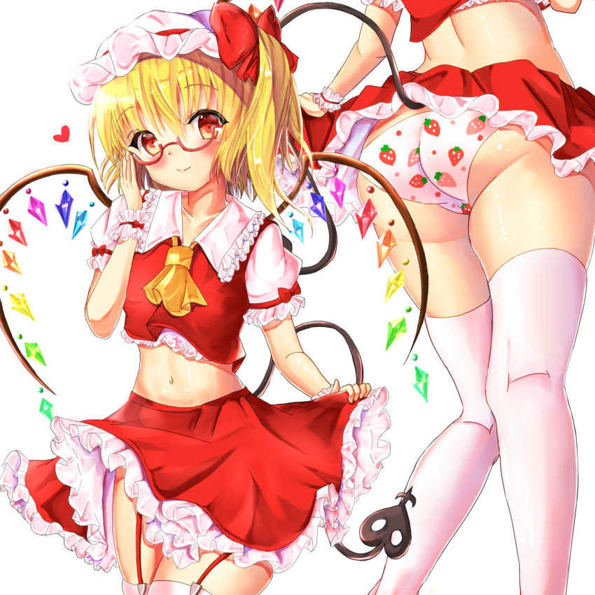 1girl adjusting_glasses arm_garter ascot ass bespectacled blonde_hair blush bow closed_mouth cowboy_shot crop_top crop_top_overhang crystal flandre_scarlet food_print frilled_skirt frills garter_straps glasses hat hat_bow highres laevatein_(tail) lifted_by_self looking_at_viewer midriff mob_cap mogupuchi multiple_views navel panties print_panties puffy_short_sleeves puffy_sleeves red-framed_eyewear red_bow red_eyes red_skirt red_vest semi-rimless_glasses shiny shiny_skin short_sleeves side_ponytail skirt skirt_lift skirt_set smile strawberry_print thigh-highs touhou under-rim_glasses underwear vest white_legwear white_panties wings wrist_cuffs