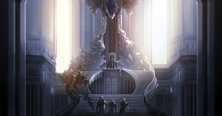 4boys black_hair blonde_hair brown_hair crystal final_fantasy final_fantasy_xv from_behind gin_(ginmu1027) gladiolus_amicitia ignis_scientia multiple_boys noctis_lucis_caelum planted_sword planted_weapon prompto_argentum scenery spiky_hair spoilers stairs sunlight sunrise sword throne weapon window