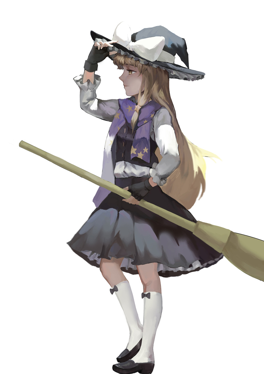1girl absurdres black_gloves black_shoes black_skirt black_vest blonde_hair bow braid broom fingerless_gloves flat_chest frilled_hat frilled_sleeves frills full_body gloves hair_ornament half-closed_eyes hand_up hat hat_bow highres holding holding_broom jiliang_ji_ying kirisame_marisa long_hair long_sleeves looking_afar parted_lips purple_scarf scarf shirt shoes simple_background single_braid skirt sock_bow solo star star_hair_ornament star_print touhou very_long_hair vest white_background white_legwear white_shirt witch_hat