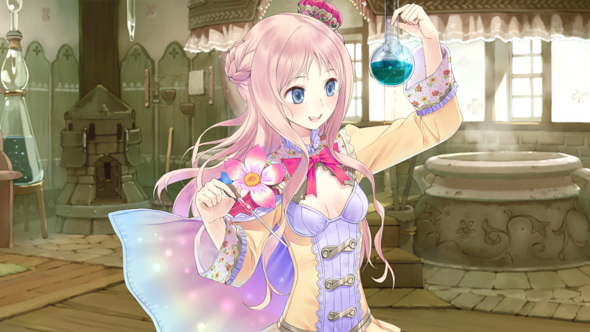 1girl :d absurdres atelier_(series) atelier_meruru atelier_rorona blue_eyes bow breasts brown_hair cleavage crown female flower game_cg highres holding indoors kishida_mel long_hair merurulince_rede_arls mini_crown official_art open_mouth red_bow small_breasts smile solo standing steam