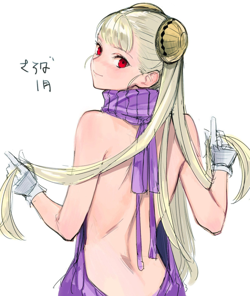 1girl back backless_outfit bare_back bare_shoulders blonde_hair blush capcom_fighting_jam gloves highres ingrid long_hair looking_at_viewer red_eyes smile solo tetsu_(kimuchi) virgin_killer_sweater white_gloves