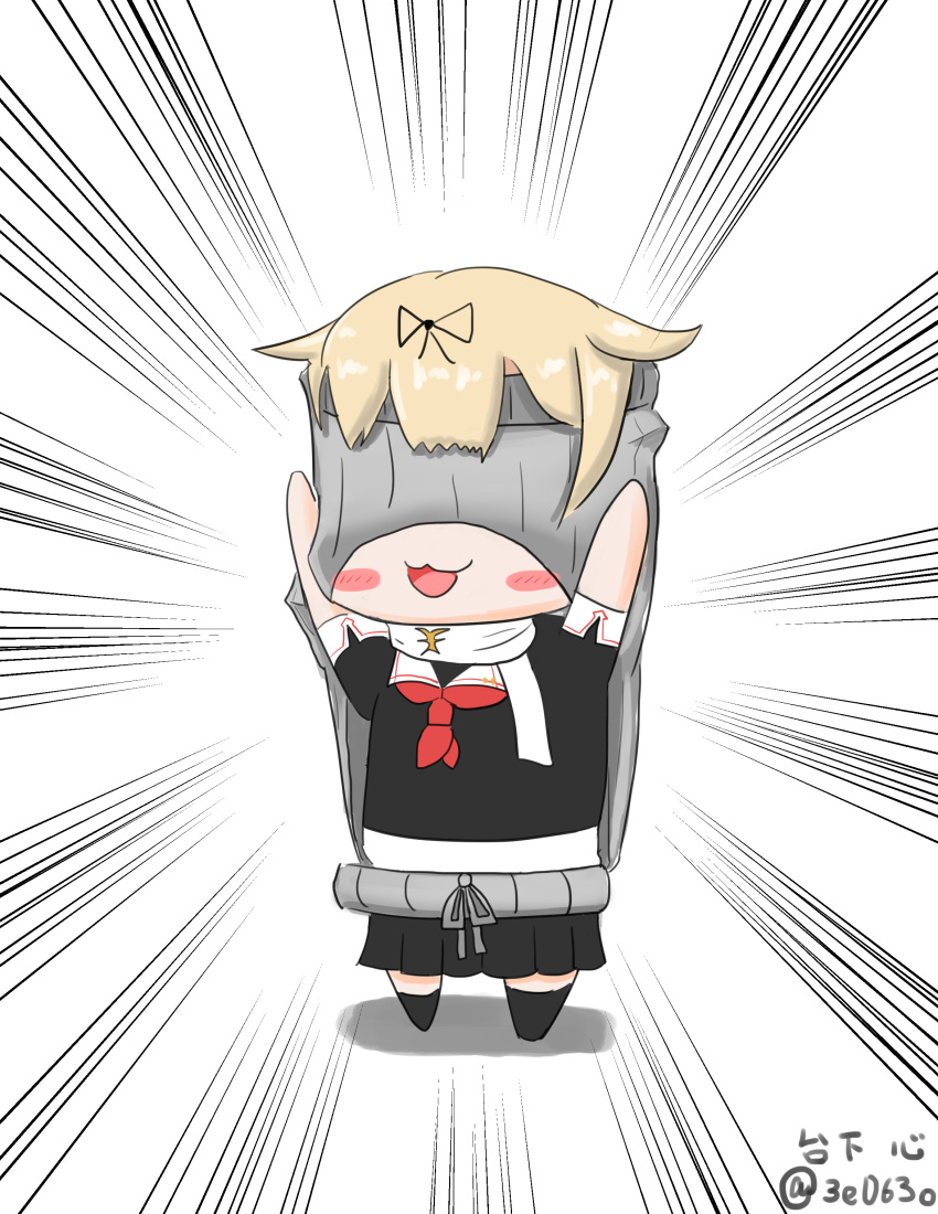 1girl :3 :d absurdres arms_up artist_name backless_outfit black_ribbon black_skirt blonde_hair blush chibi daimoto_kokoro dress emphasis_lines full_body hair_flaps hair_ribbon halterneck highres kantai_collection neckerchief open_mouth pleated_skirt red_neckerchief ribbed_sweater ribbon scarf school_uniform serafuku signature skirt smile solo standing sweater sweater_dress turtleneck turtleneck_sweater twitter_username virgin_killer_sweater wardrobe_error white_scarf you're_doing_it_wrong yuudachi_(kantai_collection)