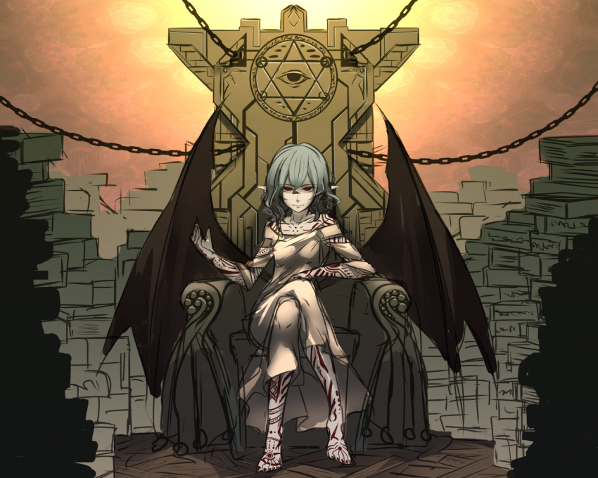 1girl all_seeing_eye alternate_costume bare_shoulders barefoot bat_wings blue_hair book_stack chains commentary_request dress hexagram legs_crossed looking_at_viewer nail_polish no_hat no_headwear off-shoulder_dress off_shoulder pointy_ears red_eyes red_nails remilia_scarlet shaded_face short_hair shukusuri sitting solo tattoo throne touhou wings