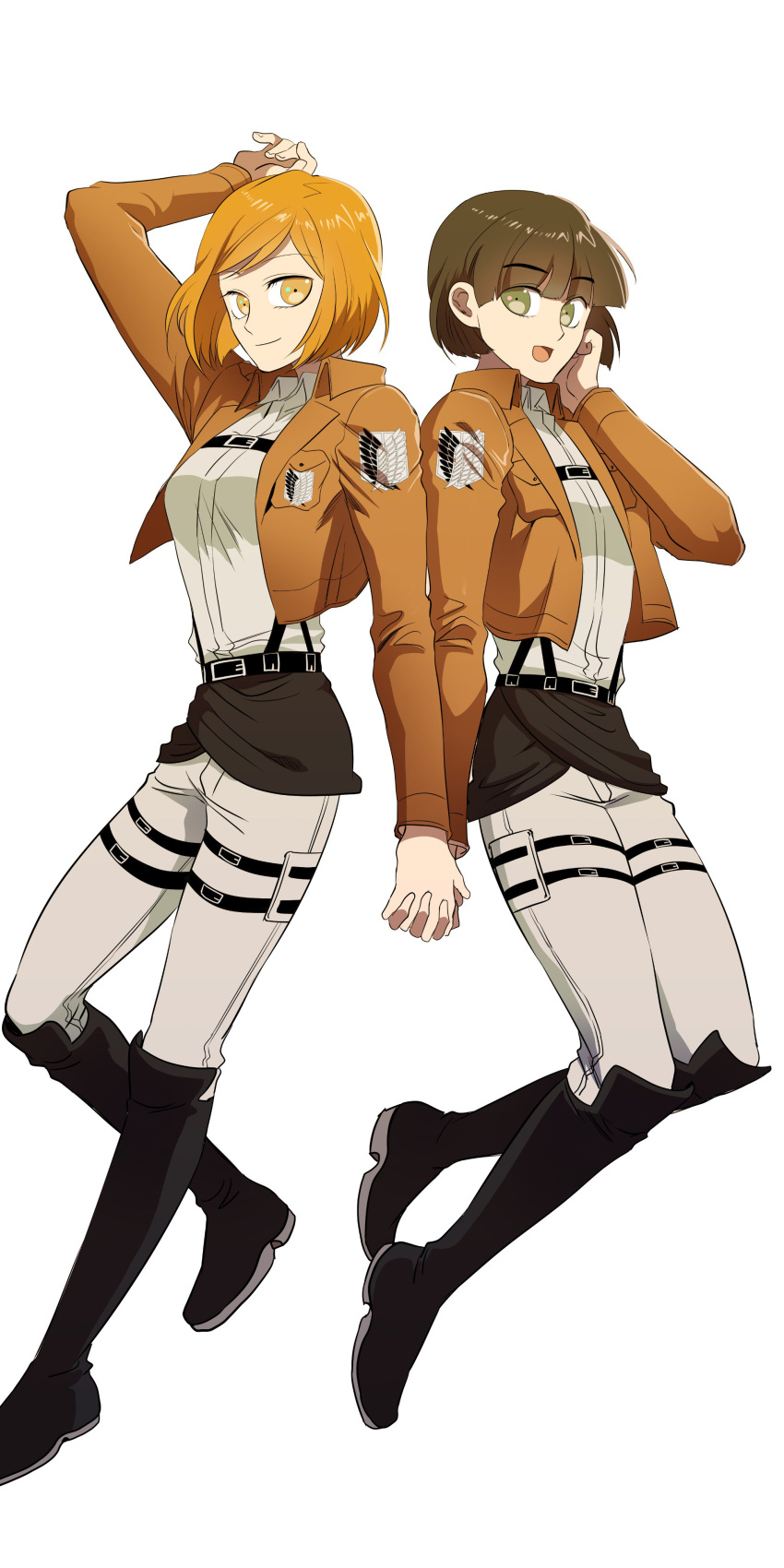 1girl 302 absurdres arm_up black_boots black_hair boots character_request green_eyes hand_holding highres interlocked_fingers jacket knee_boots open_mouth orange_eyes orange_hair petra_ral shingeki_no_kyojin smile suspenders