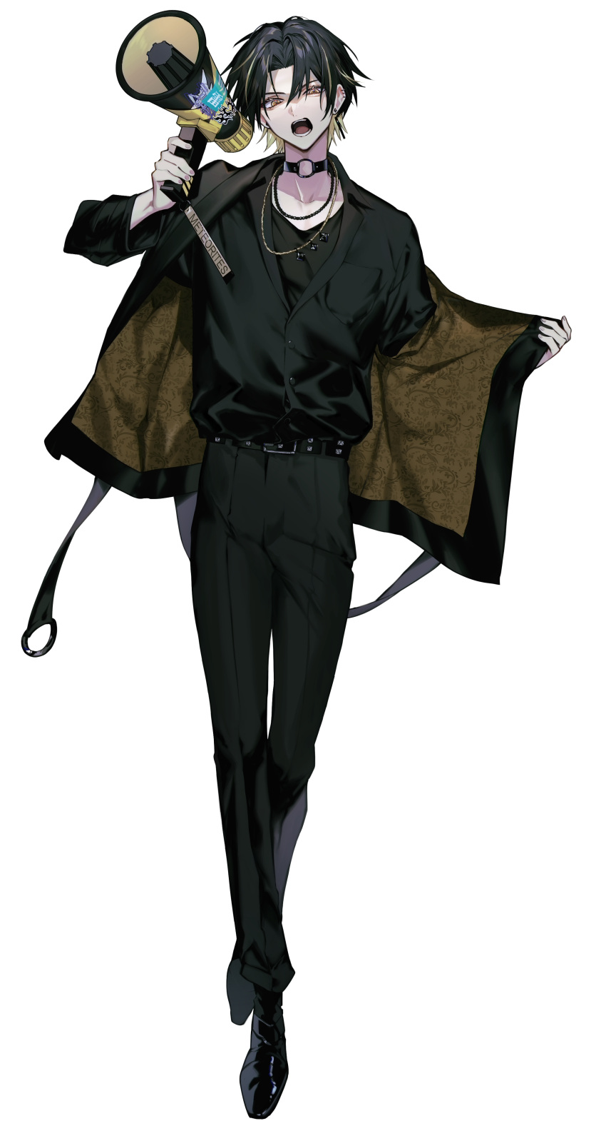 1boy absurdres albino_(a1b1n0623) belt black_belt black_choker black_hair black_jacket black_pants black_shirt black_shoes black_undershirt blonde_hair breast_pocket brown_eyes chain chain_necklace choker clothes_pull collarbone curtained_hair dress_shoes ear_piercing earrings full_body hand_up highres holding holding_megaphone jacket jacket_pull jewelry light_akarui long_sleeves looking_at_viewer male_focus megaphone meteorites_(stpr) multicolored_hair multiple_necklaces necklace o-ring o-ring_choker off_shoulder official_art open_clothes open_jacket open_mouth pants piercing pocket scowl shirt shirt_tucked_in shoes short_hair solo standing streaked_hair stud_earrings suit_jacket transparent_background two-sided_fabric two-sided_jacket two-tone_hair utaite v-shaped_eyebrows wing_collar yellow_jacket