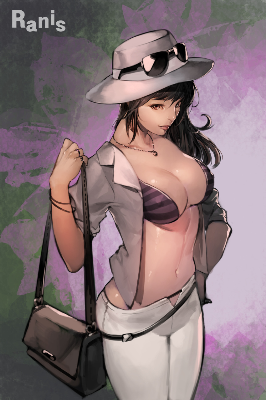 1girl absurdres artist_name bag bangs belt bikini bikini_top bikini_under_clothes black_hair breasts brown_eyes brown_hair cleavage closed_mouth cowboy_shot erect_nipples glasses_on_hat hand_on_hip hand_up hat highres jacket jewelry large_breasts legs_together lips long_hair looking_at_viewer medium_breasts midriff navel necklace nose off_shoulder open_clothes open_jacket original pants pink_lips ring shoulder_bag solo standing striped_bikini_top sunglasses swimsuit white_hat white_pants woo_jin_lee wrist_straps