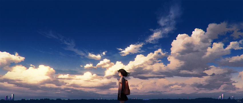 1girl album_cover backpack bag black_hair building clouds commentary cover cowboy_shot dusk highres original profile scenery school_uniform short_hair signature sky solo sunlight technoheart wind