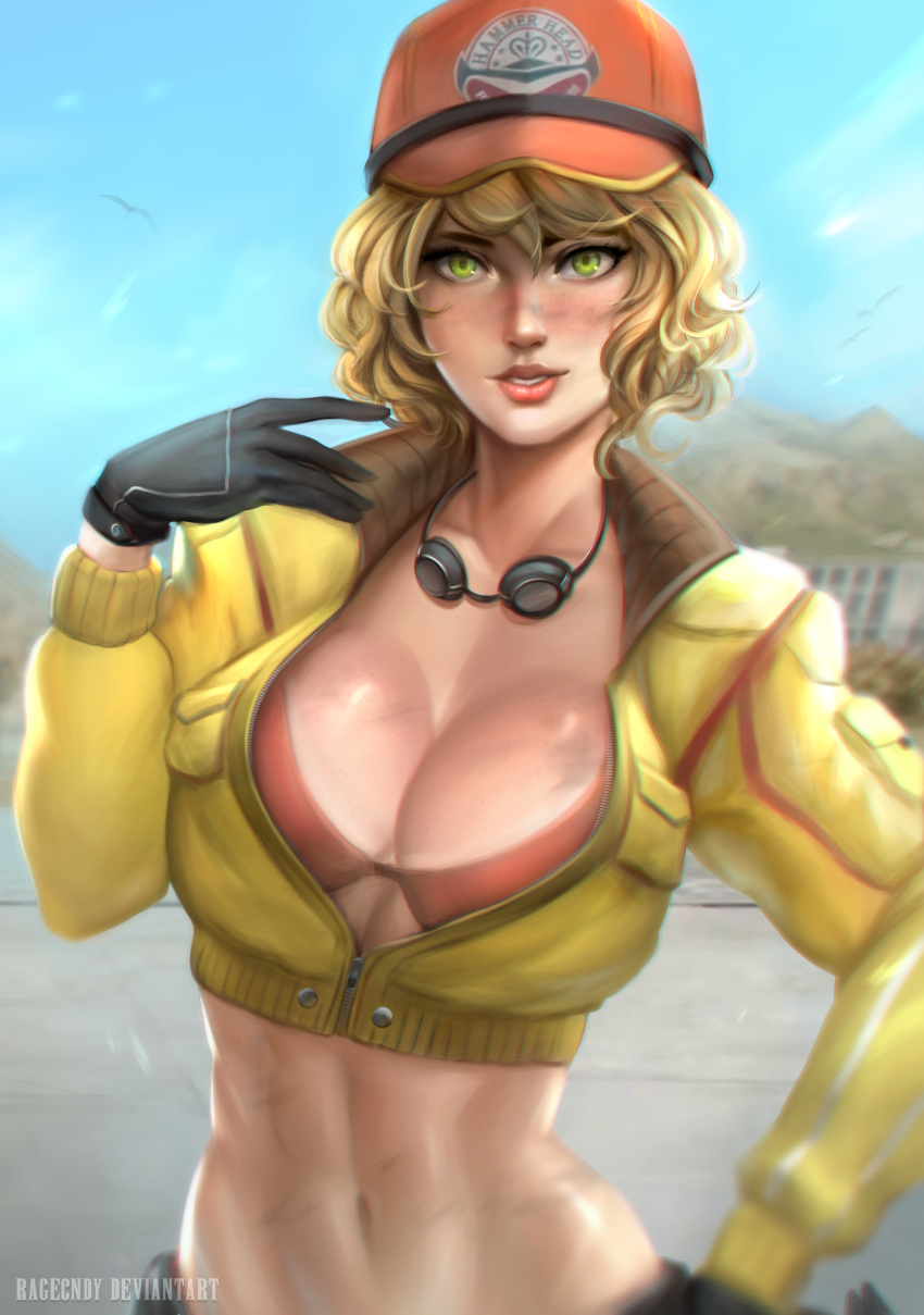 1girl absurdres baseball_cap black_gloves blonde_hair bra breasts cidney_aurum cleavage cropped_jacket curly_hair dirty_face final_fantasy final_fantasy_xv gloves goggles goggles_around_neck green_eyes hand_on_hip hat highres jacket large_breasts light_smile lips lipstick looking_at_viewer makeup midriff navel red_bra short_hair smile solo toned underwear ushio_(starchild720) yellow_jacket