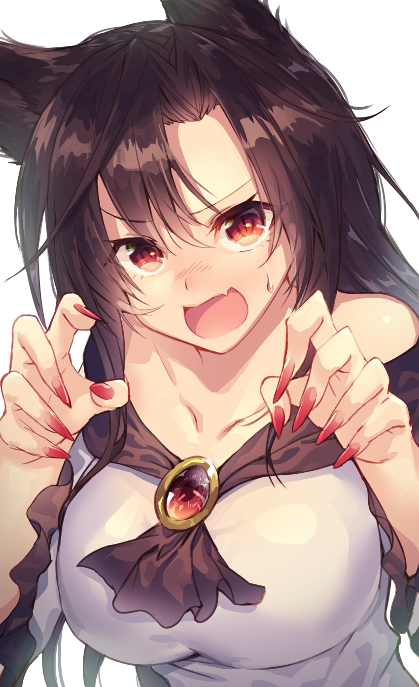 &gt;:o 1girl :o absurdres animal_ears black_hair blush breasts brooch claw_pose collarbone fingernails highres imaizumi_kagerou jewelry large_breasts long_hair long_sleeves looking_at_viewer nail_polish open_mouth red_eyes red_nails sharp_fingernails slit_pupils solo sweat touhou upper_body uu_uu_zan white_background wide_sleeves wolf_ears