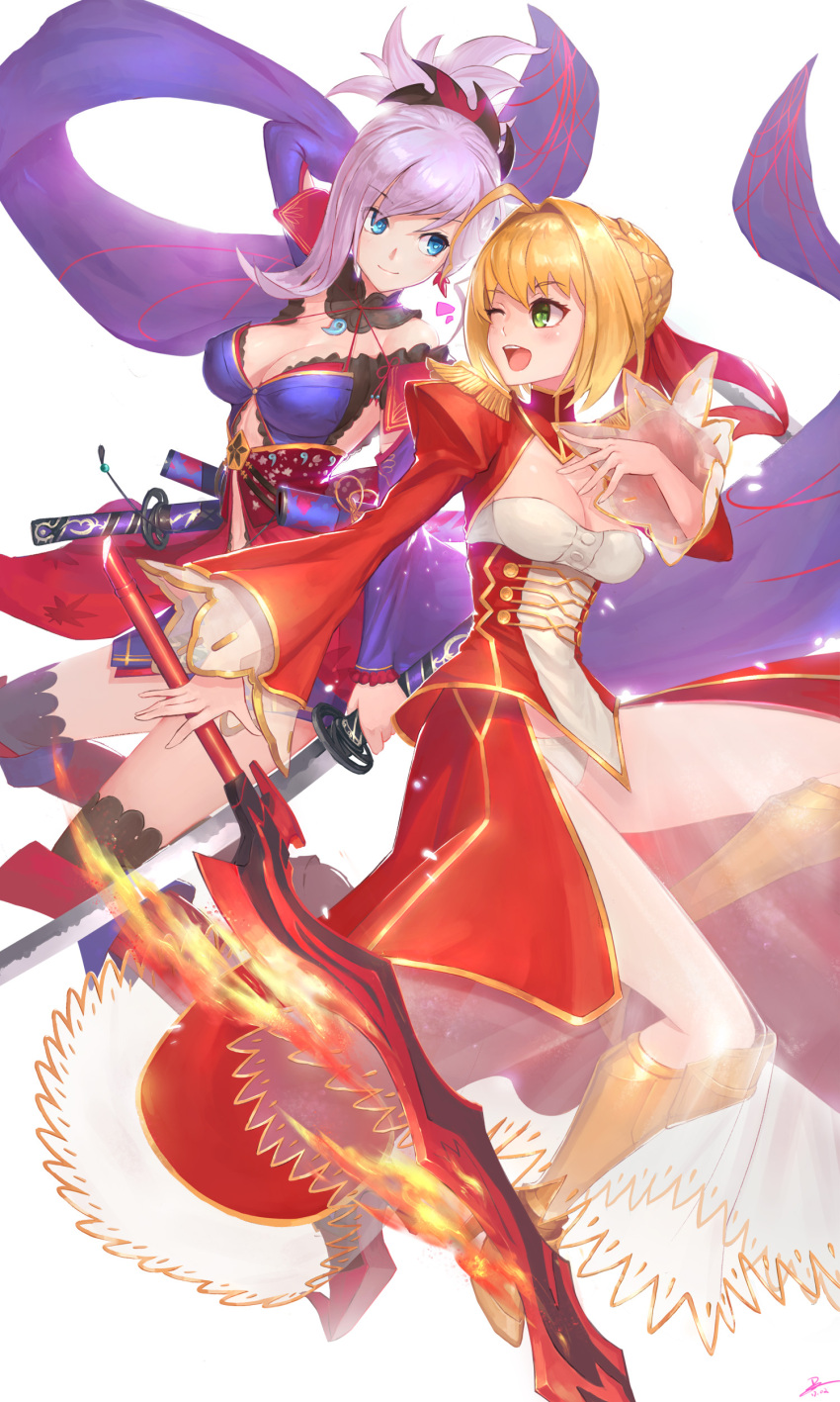 2girls absurdres aestus_estus ahoge blonde_hair blue_eyes breasts cleavage_cutout detached_sleeves dress duan_henglong epaulettes fate/extra fate/grand_order fate_(series) green_eyes hair_intakes hair_ornament highres japanese_clothes jewelry kimono large_breasts lock long_sleeves looking_at_another md5_mismatch medium_breasts miyamoto_musashi_(fate/grand_order) multiple_girls one_eye_closed padlock panties ponytail puffy_long_sleeves puffy_sleeves red_dress saber_extra sash smile sword thigh-highs thighs underwear weapon white_panties wide_sleeves