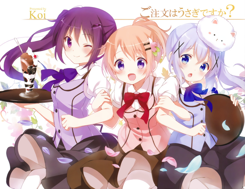 3girls :d ;) alternate_hairstyle animal animal_on_head artist_name blue_bow blue_eyes bow brown_hair bunny_on_head chestnut_mouth copyright_name eyebrows_visible_through_hair food girl_sandwich gochuumon_wa_usagi_desu_ka? high_ponytail highres holding holding_tray hoto_cocoa ice_cream kafuu_chino koi koi_(koisan) long_hair multiple_girls on_head one_eye_closed open_mouth petals purple_bow purple_hair rabbit red_bow sandwiched side_ponytail silver_hair smile sundae tedeza_rize tippy_(gochiusa) tray violet_eyes waitress white_legwear