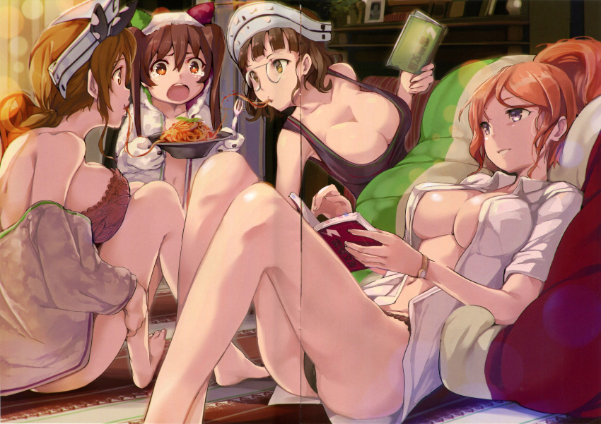 4girls absurdres aquila_(kantai_collection) armadillo-tokage bangs bare_legs bare_shoulders barefoot black_panties blush book bra breasts brown_eyes brown_hair casual cleavage cushion eating food fork glasses gloves hat highres indoors italian_flag kantai_collection large_breasts libeccio_(kantai_collection) littorio_(kantai_collection) long_hair multiple_girls navel no_bra noodles open_clothes open_mouth open_shirt oven_mitts panties pasta ponytail reading red_bra redhead roma_(kantai_collection) shiny shiny_skin shirt short_hair smile spaghetti tank_top thighs twintails underwear watch watch