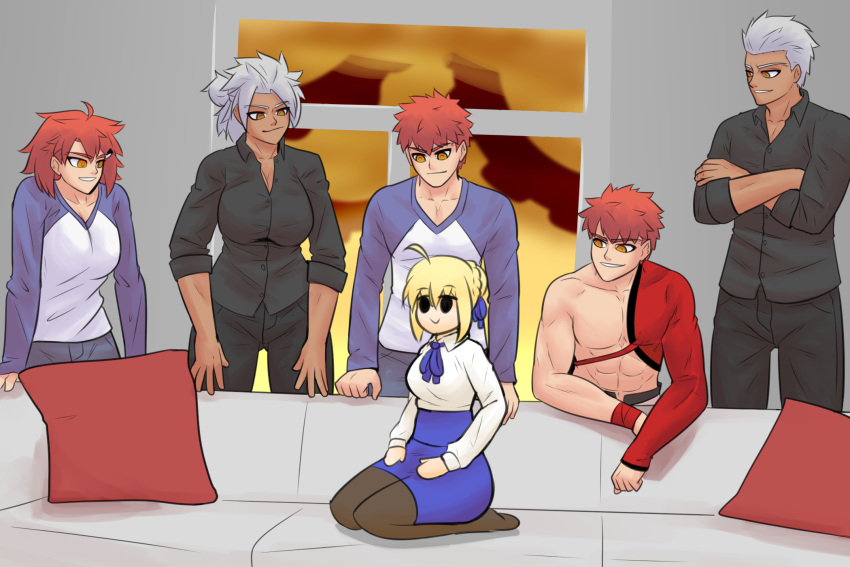 ahoge archer_(fate) artoria_pendragon_(fate) blonde_hair couch emiya_shirou fate/grand_order fate/stay_night fate_(series) genderswap highres igno_art meme multiple_boys multiple_girls multiple_persona on_couch red_hair saber_(fate) senji_muramasa_(fate) unlimited_blade_works_(reality_marble) white_hair