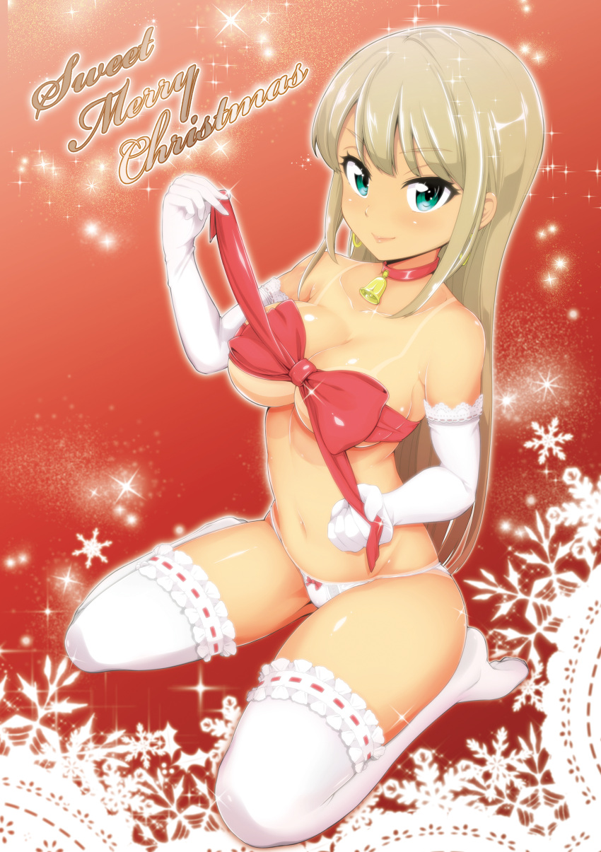 1girl absurdres alessandra_susu aqua_eyes bangs bare_shoulders bell bell_collar blonde_hair blush bow bow_panties breasts cleavage closed_mouth collar collarbone earrings elbow_gloves eyebrows_visible_through_hair frilled_legwear gloves highres hoop_earrings jewelry jingle_bell kazuo_daisuke large_breasts long_hair looking_at_viewer merry_christmas navel panties red_background red_ribbon ribbon sitting smile snowflake_background snowflakes solo tan tanline thigh-highs thighs tokyo_7th_sisters underwear white_gloves white_legwear white_panties