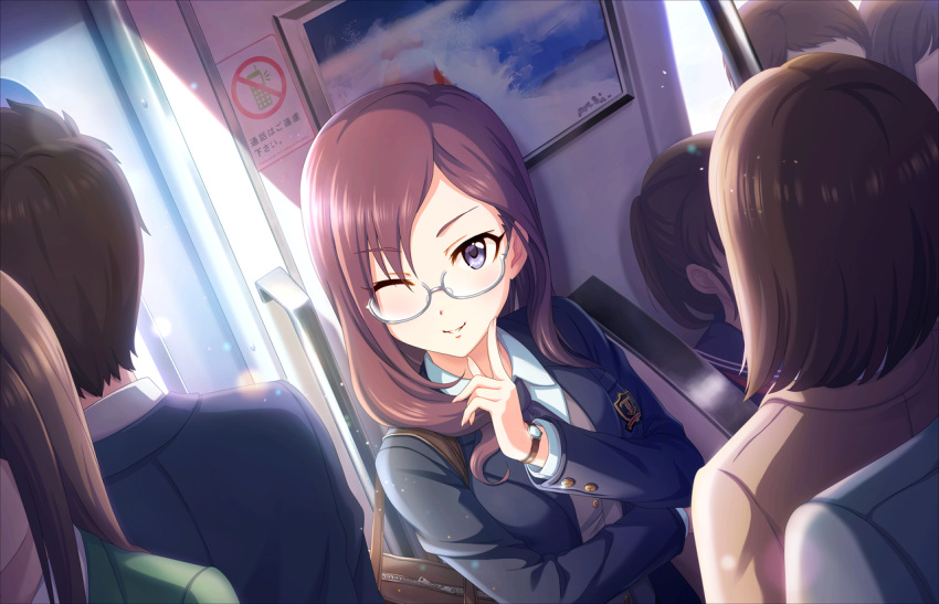 1girl artist_request bangs blazer brown_hair glasses grin ground_vehicle idolmaster idolmaster_cinderella_girls idolmaster_cinderella_girls_starlight_stage jacket long_hair looking_at_viewer official_art one_eye_closed parted_bangs school_uniform smile solo_focus train train_interior violet_eyes watch watch yagami_makino