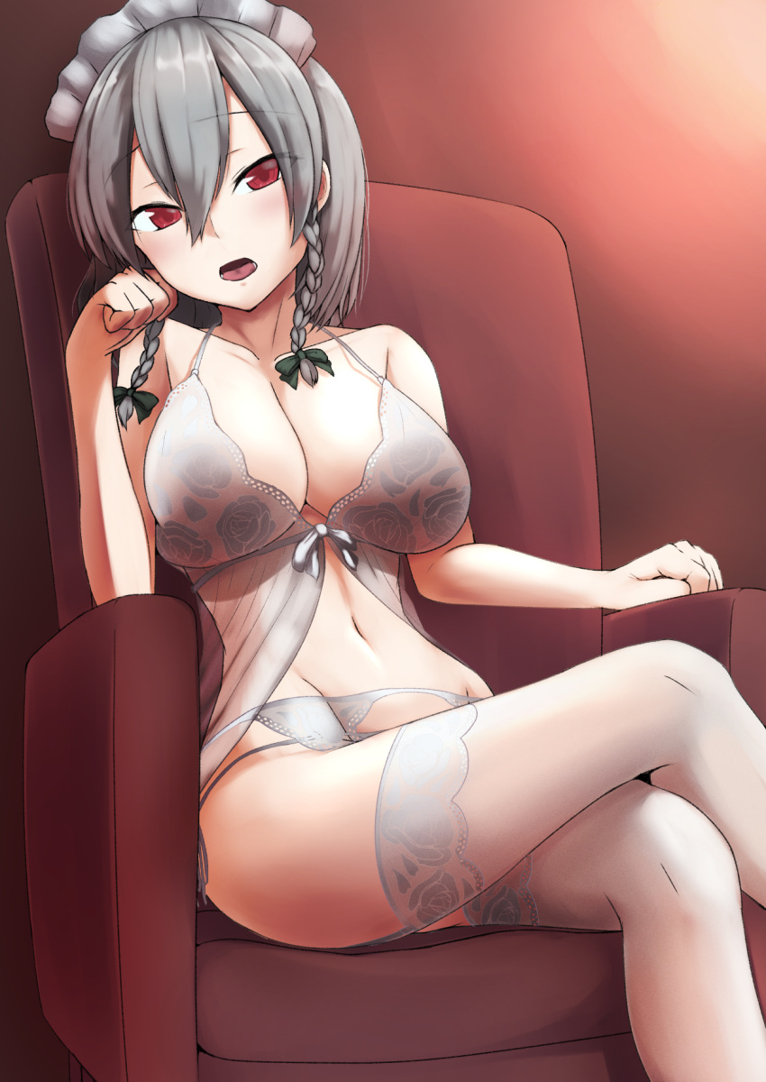1girl alternate_breast_size armchair babydoll bangs bare_shoulders bow bra braid breasts chair chemise cleavage collarbone denki_(biribiri) eyebrows_visible_through_hair floral_print garter_belt garter_straps green_bow grey_bra grey_panties groin hair_between_eyes hair_bow hair_ribbon hand_on_own_cheek hand_on_own_face hand_up highres izayoi_sakuya lace lace-trimmed_thighhighs lace_trim large_breasts legs_crossed lingerie looking_at_viewer maid_headdress midriff navel open_mouth panties red_eyes ribbon short_hair side-tie_panties sidelocks sitting solo string_panties thigh-highs tongue touhou tress_ribbon twin_braids underwear underwear_only