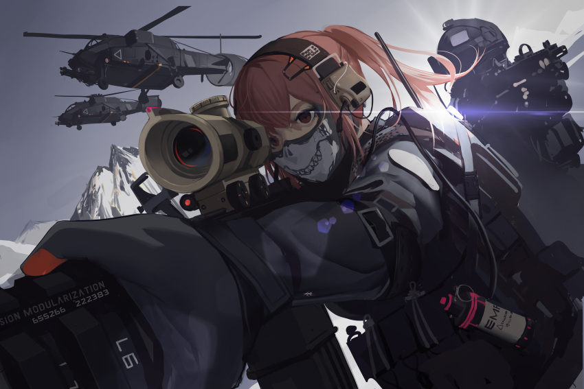 1girl absurdres aiming aircraft assault_rifle bangs battle_rifle black_soldier bulletproof_vest cable elbow_pads explosive face_mask gloves goggles grenade gun headphones helicopter helmet highres holding holding_gun holding_weapon load_bearing_vest long_sleeves mask mountain original outdoors pocket ponytail pouch red_eyes rifle short_hair sky weapon