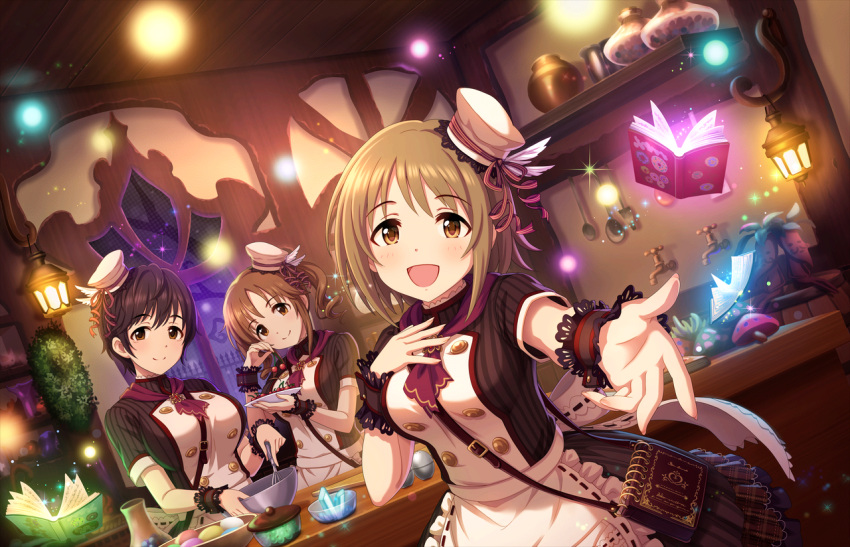 3girls artist_request baking blush book breasts brown_eyes brown_hair cherry cooking food fruit hat idolmaster idolmaster_cinderella_girls idolmaster_cinderella_girls_starlight_stage lamp large_breasts looking_at_viewer mimura_kanako mini_hat multiple_girls official_art oikawa_shizuku open_mouth outstretched_hand patissier plump short_hair smile table totoki_airi twintails wrist_cuffs