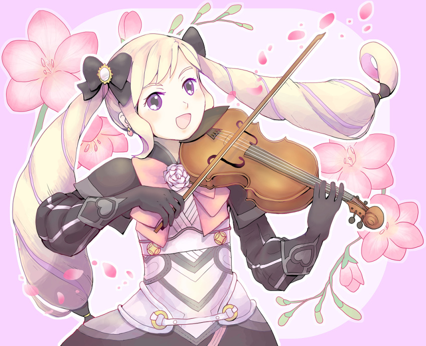 blonde_hair elise_(fire_emblem_if) european_clothes fire_emblem fire_emblem_if floral_background flower gloves holding instrument music open_mouth playing_instrument smile twintails violin