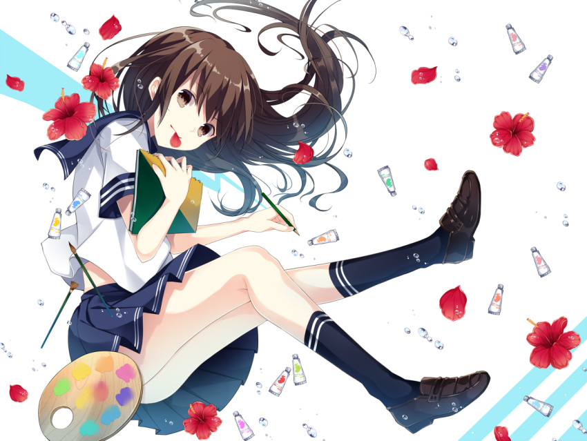 1girl air_bubble bangs blue_skirt book brown_eyes brown_hair brush bubble closed_mouth eyebrows_visible_through_hair floating_hair flower full_body hibiscus holding holding_book holding_pencil kneehighs knees_together_feet_apart kusada_souta loafers mouth_hold navy_blue_legwear original paint paint_tube palette pencil petals pleated_skirt red_flower school_uniform serafuku shoes sketchbook skirt solo thighs underwater white_background