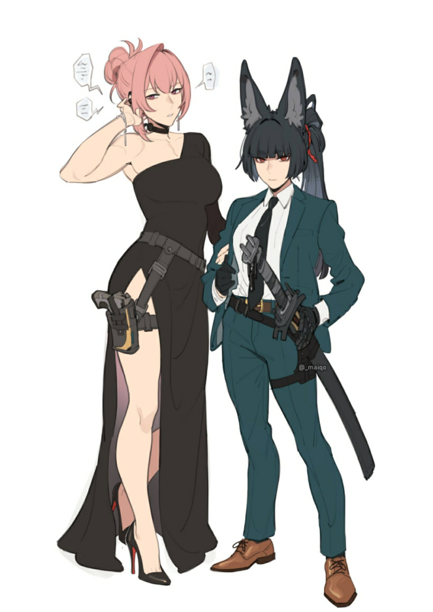 animal_ears formal fox_ears hoshimi_miyabi katana long_hair multiple_girls nightgown tsukishiro_yanagi zenless_zone_zero