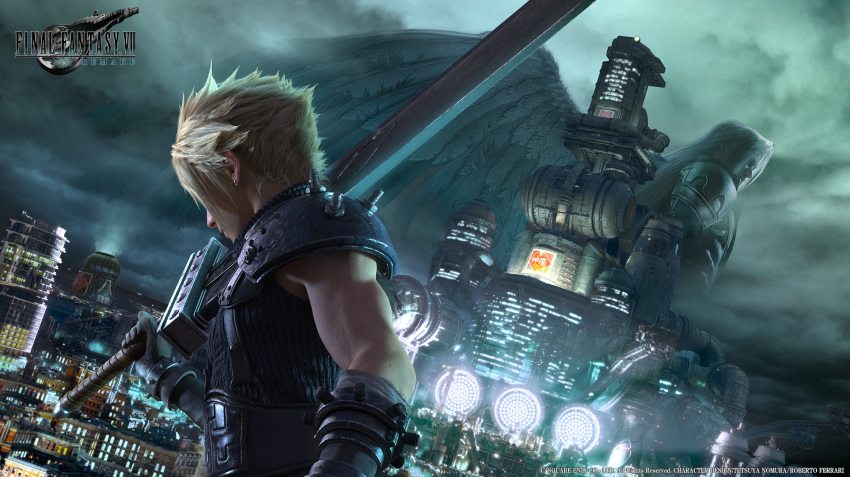 2boys 3d biceps blonde_hair building city cloud_strife clouds cloudy_sky concept_art copyright_name earrings feathered_wings final_fantasy final_fantasy_vii final_fantasy_vii_remake highres huge_weapon jewelry logo multiple_boys muscle night night_sky official_art over_shoulder sephiroth shoulder_pads single_wing sky spiky_hair square_enix stud_earrings sword upper_body weapon weapon_over_shoulder wings