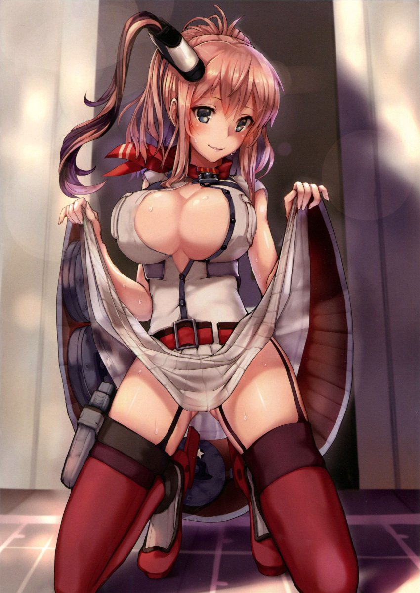 1girl absurdres anchor armadillo-tokage bangs bare_arms belt_buckle blue_eyes blush breasts brown_hair buckle buttons cleavage dress dress_lift drum_magazine fingernails floor garter_straps gluteal_fold high_heels highres holster kantai_collection kneeling large_breasts lens_flare lifted_by_self long_hair looking_at_viewer magazine_(weapon) neckerchief nervous on_floor one_side_up parted_lips partially_unbuttoned pleated_dress ponytail red_belt red_legwear red_neckerchief remodel_(kantai_collection) rudder_shoes saratoga_(kantai_collection) scarf shadow sharp_fingernails short_sleeves side_ponytail skirt smile solo star star_print striped striped_dress sweat thigh-highs thigh_holster white_dress