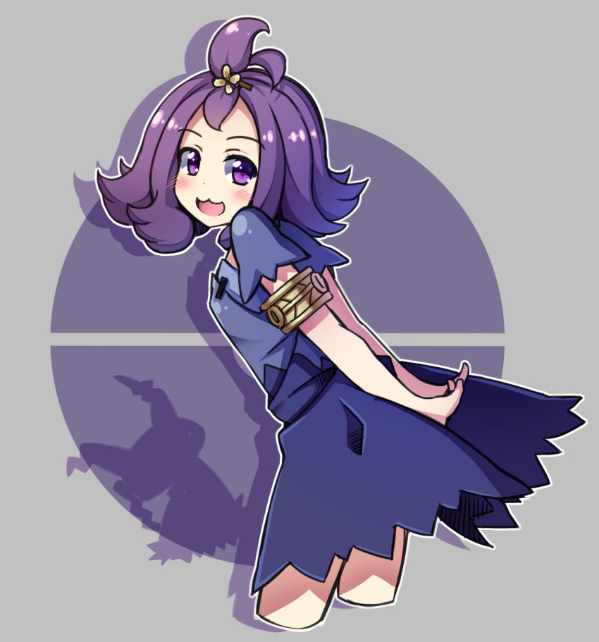 1girl :3 :d acerola_(pokemon) armlet arms_behind_back bare_arms blush costume cowboy_shot cropped_legs dress elite_four eyebrows_visible_through_hair flat_chest flipped_hair grey_background hair_ornament highres leaning_forward looking_away looking_back looking_to_the_side mimikyu open_mouth outline pikachu_costume poke_ball pokemon pokemon_(creature) pokemon_(game) pokemon_sm purple_dress purple_hair shadow shefu short_hair short_sleeves smile stitches tareme tongue topknot torn_clothes torn_dress torn_sleeves trial_captain violet_eyes