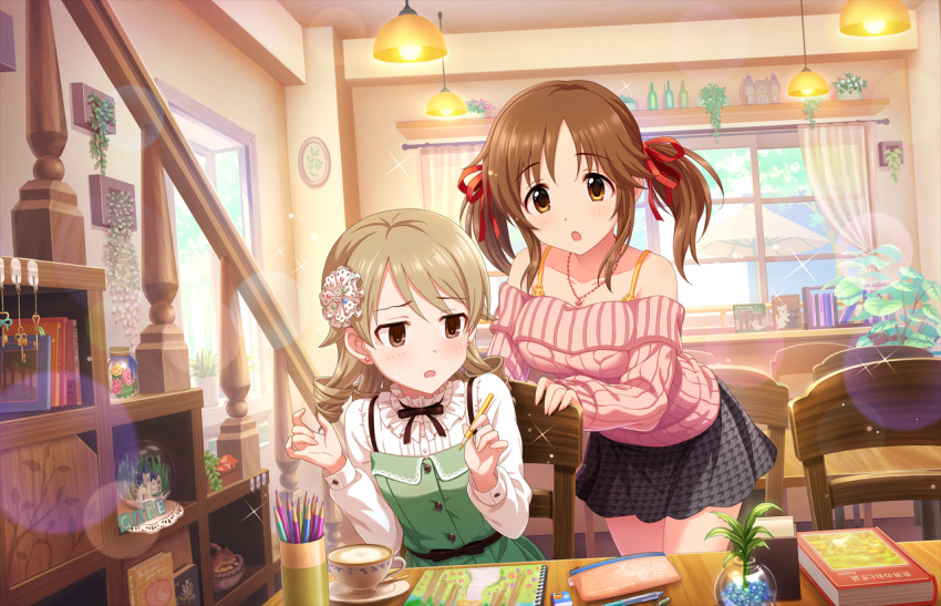 2girls :o artist_request bangs bare_shoulders blush book breasts brown_eyes brown_hair chair collarbone cup drawing dress drill_hair earrings hair_ribbon idolmaster idolmaster_cinderella_girls idolmaster_cinderella_girls_starlight_stage jewelry large_breasts light_brown_hair morikubo_nono multiple_girls necklace official_art open_mouth pencil pencil_case plant ribbon short_hair sitting skirt table teacup totoki_airi twintails window