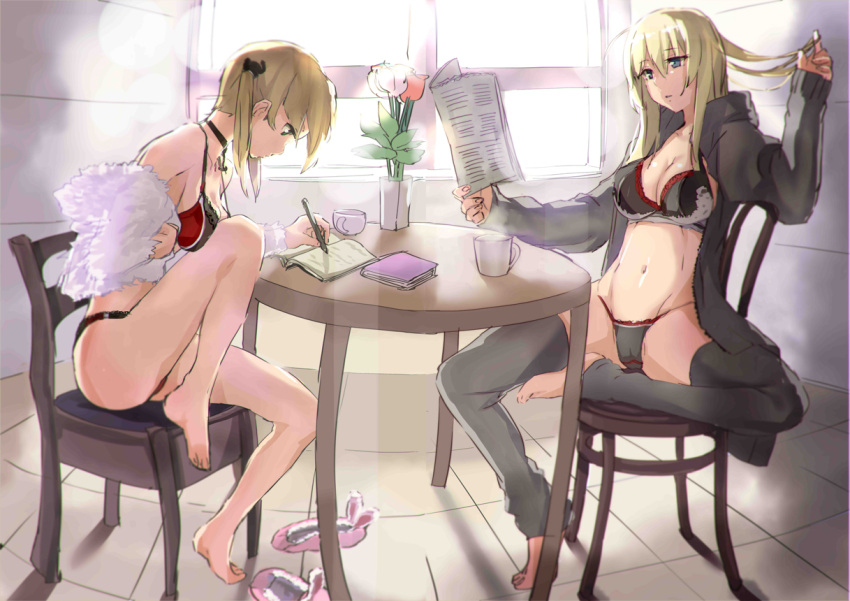 2girls adapted_costume alternate_costume armadillo-tokage ass backlighting bare_legs barefoot bismarck_(kantai_collection) black_bra black_jacket black_legwear black_panties black_ribbon blonde_hair blue_eyes bra breasts chair cleavage coffee_mug collarbone cup day flower frilled_bra frills full_body fur hair_ribbon hand_in_hair indoors jacket kantai_collection kitchen long_hair medium_breasts midriff multiple_girls navel newspaper no_headwear open_clothes open_jacket open_shirt panties parted_lips pencil plant prinz_eugen_(kantai_collection) profile reading red_panties ribbon shawl shirt sitting slippers slippers_removed stomach strap_gap sunlight table teacup thigh-highs tile_floor tiles toeless_legwear tulip twintails underwear underwear_only vase writing