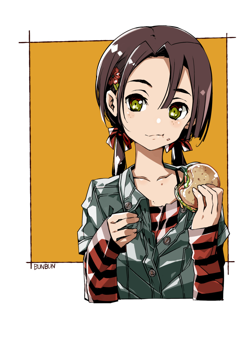 1girl :t absurdres artist_name blush brown_hair bunbun closed_mouth collarbone cropped_torso flower food food_on_face green_eyes grey_jacket hair_flower hair_ornament hamburger highres holding holding_food jacket long_hair long_sleeves looking_at_viewer low_twintails orange_background original partially_unbuttoned red_flower shirt sleeves_past_wrists solo striped striped_shirt twintails two-tone_background upper_body wavy_mouth white_background