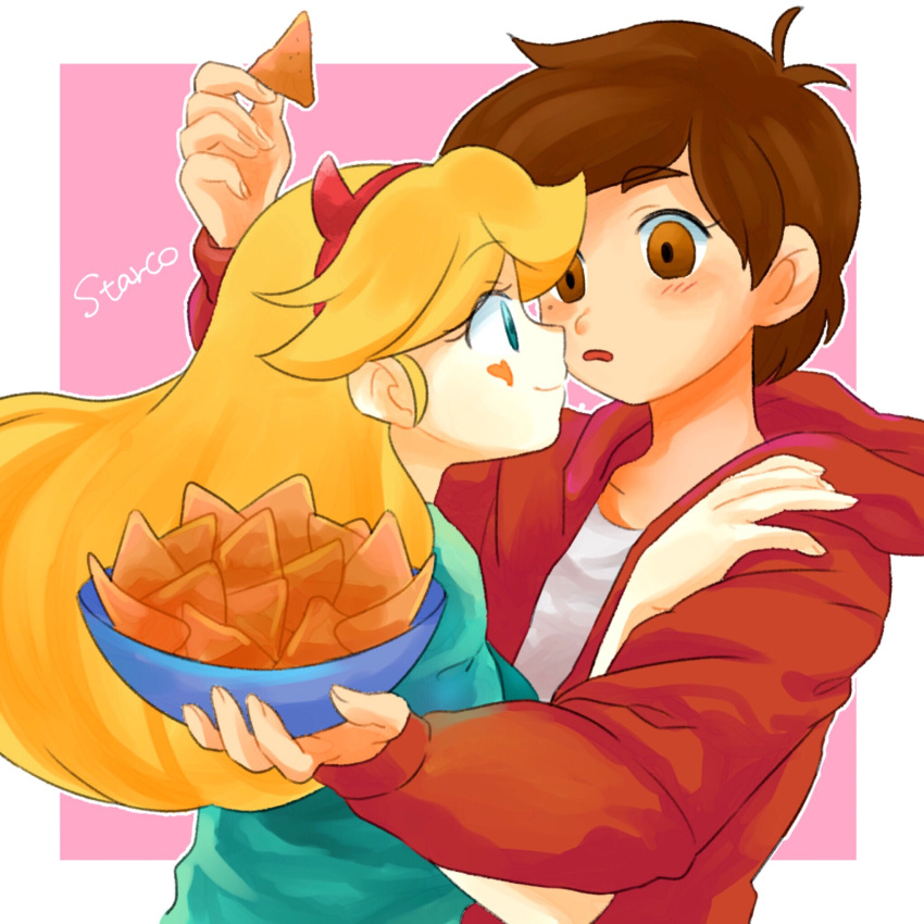 1boy 1girl blonde_hair blue_eyes blush bowl brown_eyes brown_hair calpis_um eye_contact facial_mark hairband hand_on_another's_shoulder heart_cheeks highres hood hood_down hoodie horned_headwear long_hair looking_at_another marco_diaz nachos smile star_butterfly star_vs_the_forces_of_evil surprised