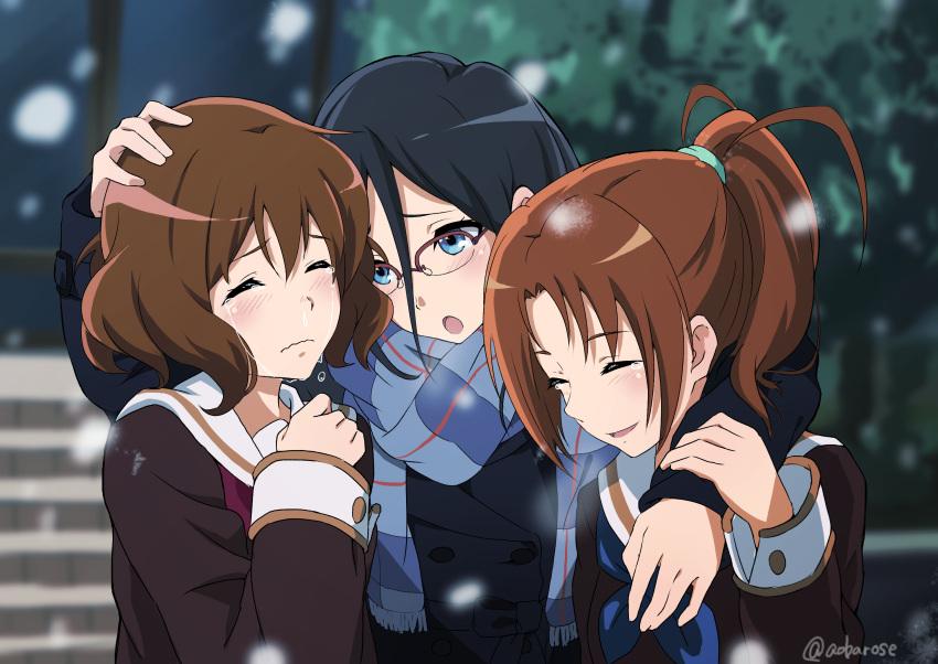 3girls aoi_bara bangs black_coat black_hair blue_bow blue_eyes blue_ribbon blue_scarf blurry blurry_background bow brown_hair closed_eyes closed_mouth coat crying depth_of_field entrance forehead girl_sandwich glasses hair_between_eyes hair_tie hand_on_another's_hand hand_on_another's_head hand_on_own_chest hand_on_shoulder head_to_head hibike!_euphonium highres hug long_coat long_hair long_sleeves looking_down multiple_girls nakagawa_natsuki open_mouth oumae_kumiko outdoors plaid plaid_scarf plant ponytail red-framed_eyewear red_bow red_ribbon ribbon sailor_collar sandwiched scarf school_uniform semi-rimless_glasses serafuku short_hair snow snowing stairs streaming_tears swept_bangs tanaka_asuka teardrop tears tied_hair twitter_username upper_body wavy_mouth