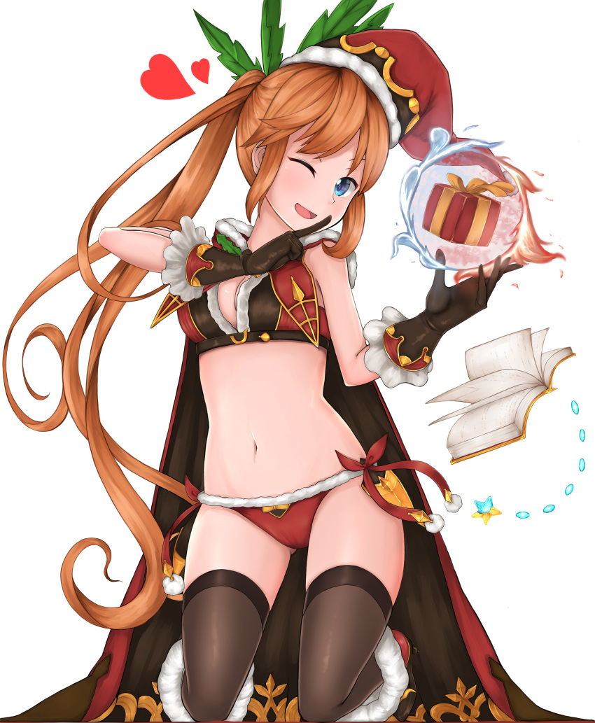1girl ;d absurdres bikini black_gloves black_legwear blue_eyes blush book boots box breasts cape christmas clarisse_(granblue_fantasy) fire frilled_gloves frills gift gift_box gloves granblue_fantasy hat heart highres kneeling legs_up long_hair looking_at_viewer magic medium_breasts navel one_eye_closed open_book open_mouth orb pointing ponytail santa_hat simple_background smile solo swimsuit thigh-highs tiemu_(man190) very_long_hair water white_background