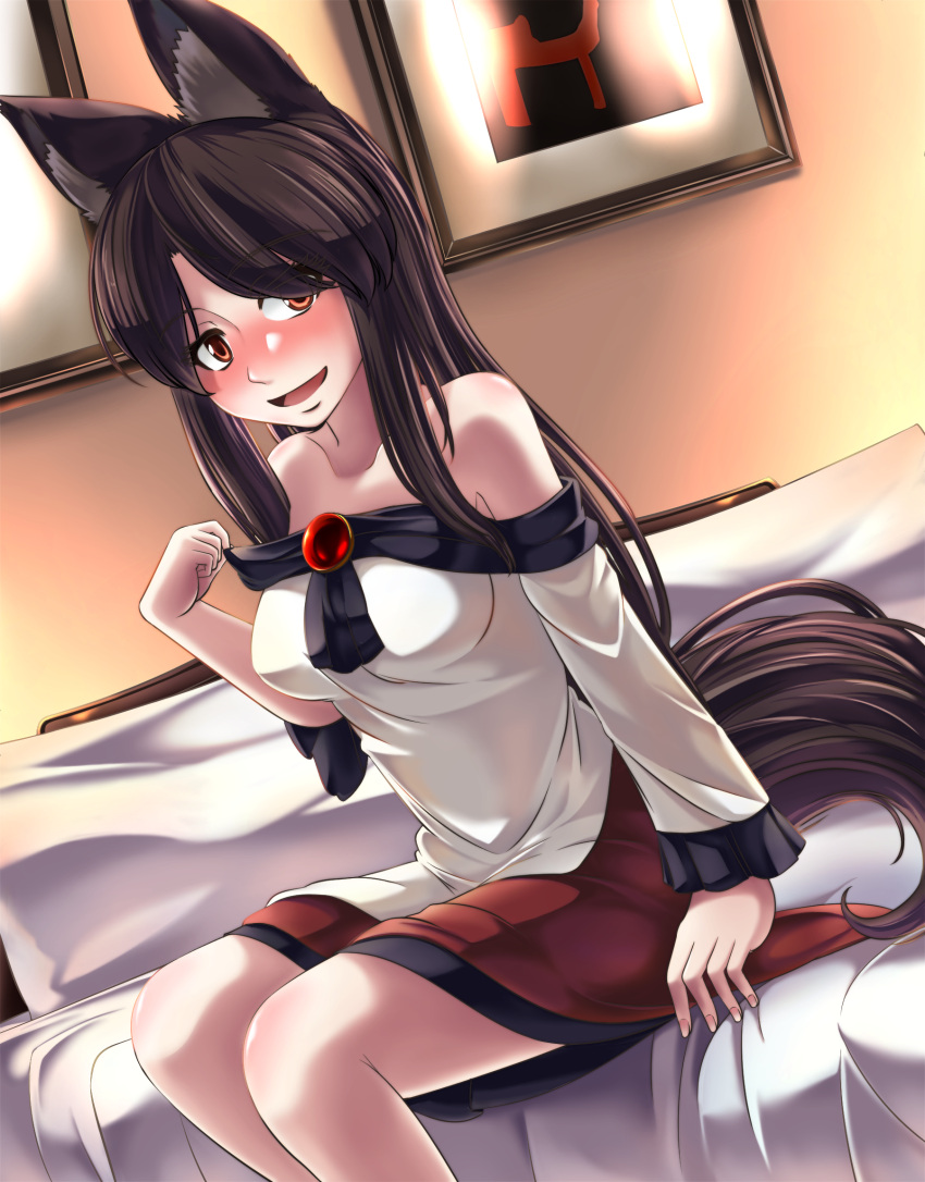 1girl animal_ears bed blush breasts brooch brown_hair collarbone dress fingernails hair_over_one_eye highres imaizumi_kagerou jewelry kouno_ibuki long_hair long_sleeves looking_at_viewer open_mouth red_eyes sitting solo tail touhou very_long_hair wide_sleeves wolf_ears wolf_tail