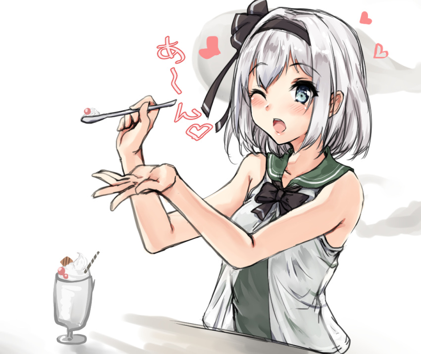 1girl ;o amagi_(amagi626) bare_arms bare_shoulders black_bow black_hairband black_neckwear black_ribbon blue_eyes bow bowtie cherry collarbone commentary_request cup drinking_glass eyebrows_visible_through_hair food fruit hair_ribbon hairband hands_up heart hitodama holding holding_spoon ice_cream konpaku_youmu konpaku_youmu_(ghost) one_eye_closed open_mouth ribbon sailor_collar shirt short_hair silver_hair simple_background solo spoon sundae touhou translated upper_body wafer_stick white_background white_shirt