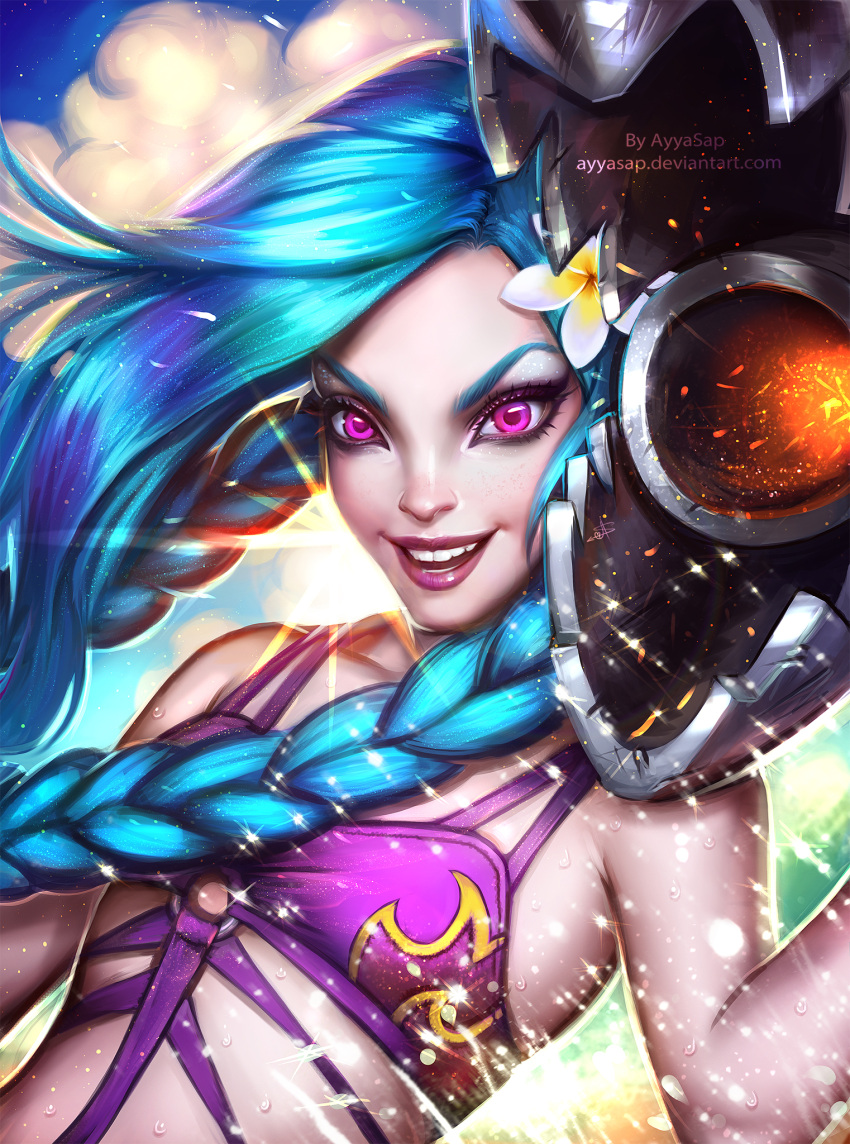 1girl artist_name ayya_saparniyazova blue_hair braid breasts flower hair_flower hair_ornament highres jinx_(league_of_legends) league_of_legends long_hair o-ring_top open_mouth pink_eyes small_breasts smile solo sparkle twin_braids upper_body watermark web_address wet