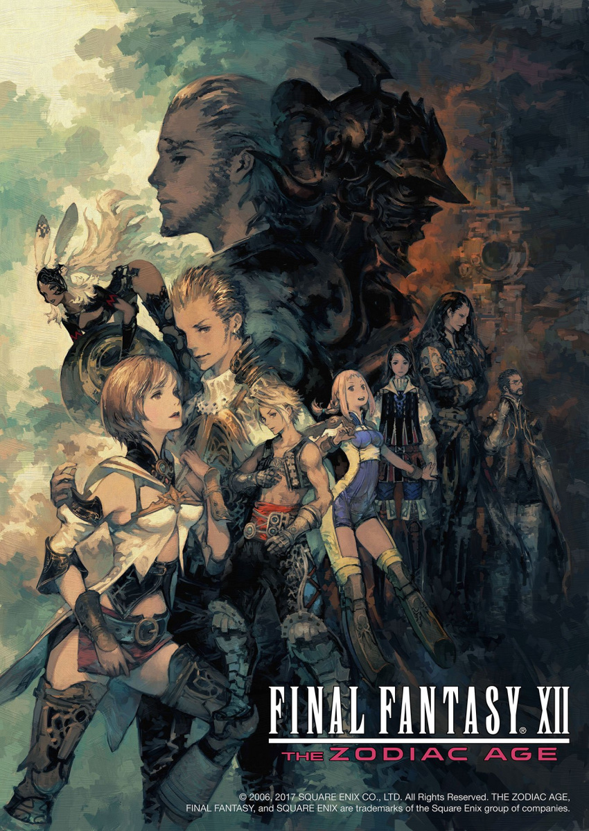 3girls 6+boys animal_ears armor ashelia_b'nargin_dalmasca balflear basch_fon_ronsenburg beard black_hair blonde_hair brown_hair copyright_name facial_hair final_fantasy final_fantasy_xii fran gabranth_(ff12) highres larsa_ferrinas_solidor looking_at_viewer miniskirt multiple_boys multiple_girls official_art penelo rabbit_ears silver_hair skirt square_enix thigh-highs vaan vayne_carudas_solidor vest yoshida_akihiko