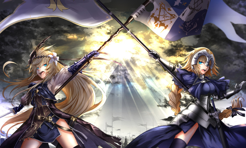 2girls ahoge armor armored_dress army bangs bare_shoulders bell black_gloves blonde_hair blue_eyes braid breasts capelet chains crossover fate/apocrypha fate/grand_order fate_(series) faulds flag flower fur_trim gauntlets gloves granblue_fantasy hair_flower hair_ornament hairband headpiece highres holding ichinose_rom janne_d'arc jeanne_d'arc_(granblue_fantasy) light_rays long_hair looking_at_viewer multiple_girls namesake ruler_(fate/apocrypha) sheath sheathed single_braid sunbeam sunlight sword weapon yellow_eyes
