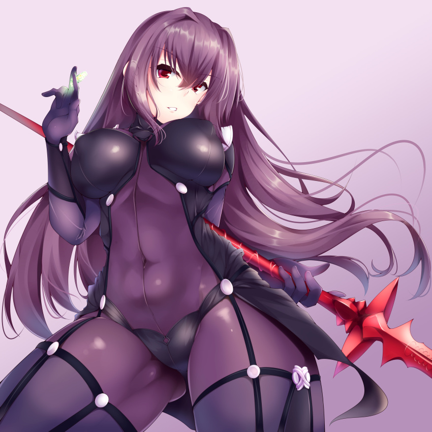1girl absurdres armor bodysuit breasts commentary_request covered_navel fate/grand_order fate_(series) gae_bolg hair_between_eyes highres holding holding_weapon large_breasts long_hair looking_at_viewer nksk pauldrons polearm purple_bodysuit purple_hair red_eyes scathach_(fate/grand_order) shoulder_armor solo spear veil very_long_hair weapon