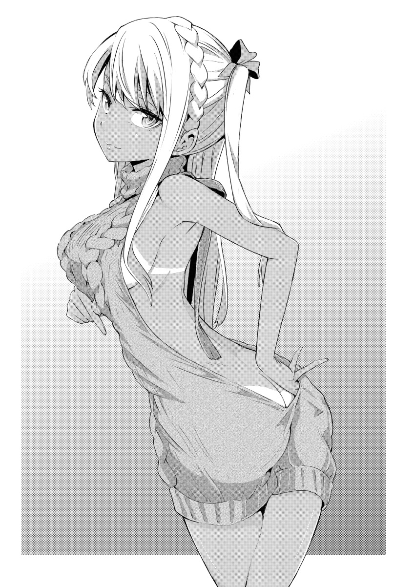 1girl :3 absurdres alessandra_susu aran_sweater ass backless_outfit bangs bare_back bare_shoulders bikini_tan braid breasts butt_crack closed_mouth cowboy_shot dress from_behind gradient gradient_background greyscale hair_ribbon halterneck highres kazuo_daisuke large_breasts long_hair looking_at_viewer monochrome naked_sweater open-back_dress ribbed_sweater ribbon sideboob smile solo sweater sweater_dress tan tanline tokyo_7th_sisters tsurime turtleneck turtleneck_sweater twintails virgin_killer_sweater