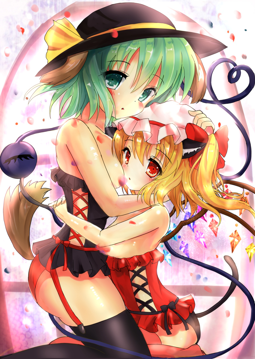 2girls :o alternate_costume animal_ears bare_arms bare_shoulders black_hat black_legwear blonde_hair blush bow breasts cat_ears cat_tail convenient_censoring corset crystal dog_ears dog_tail eyeball flandre_scarlet from_side green_eyes green_hair hat hat_bow hat_ribbon heart heart_of_string highres hug kemonomimi_mode kneeling komeiji_koishi looking_at_viewer looking_to_the_side mob_cap mogupuchi multiple_girls panties petals red_bow red_eyes red_legwear red_panties ribbon side_ponytail small_breasts tail thigh-highs third_eye touhou underwear wings yellow_ribbon