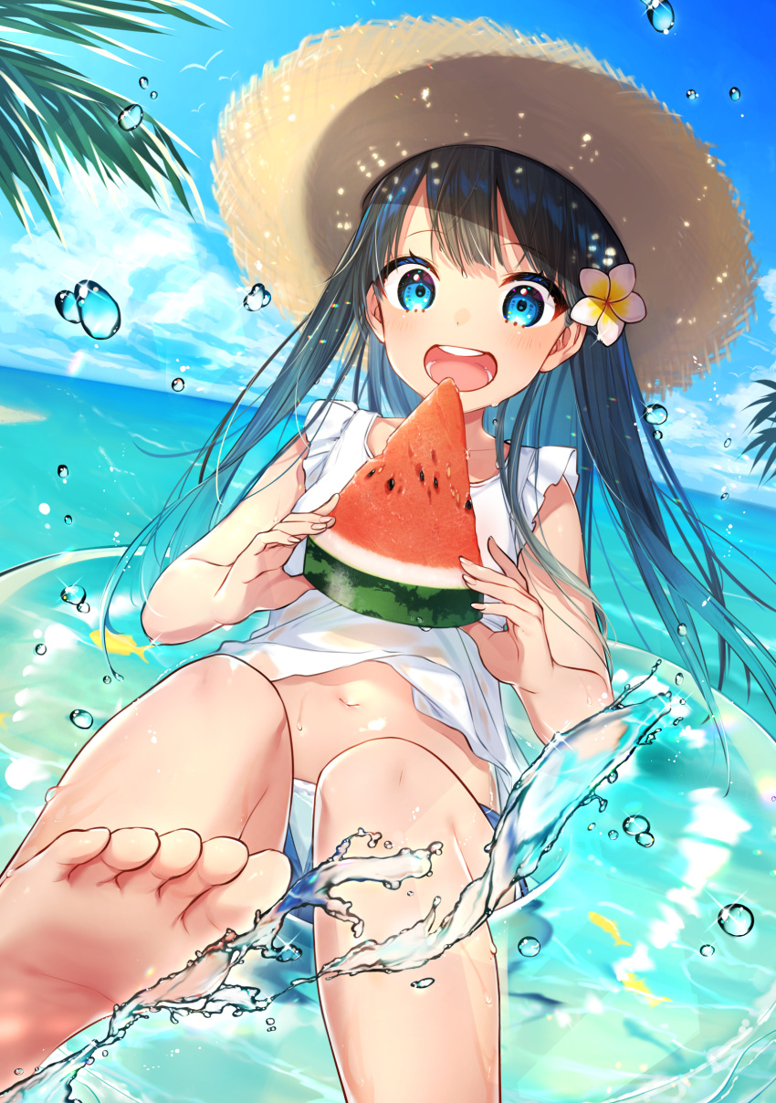 1girl :d bangs barefoot beach black_hair blue_eyes blue_shorts blue_sky clouds commentary_request day eating feet fish flower food foot_out_of_frame fruit hair_flower hair_ornament hat highres holding holding_food holding_fruit horizon kitazume_kumie looking_at_viewer midriff navel ocean open_mouth original outdoors palm_tree partially_submerged shirt shorts sitting sky sleeveless sleeveless_shirt smile soles solo splashing straw_hat summer toes tree water water_drop watermelon watermelon_slice white_shirt