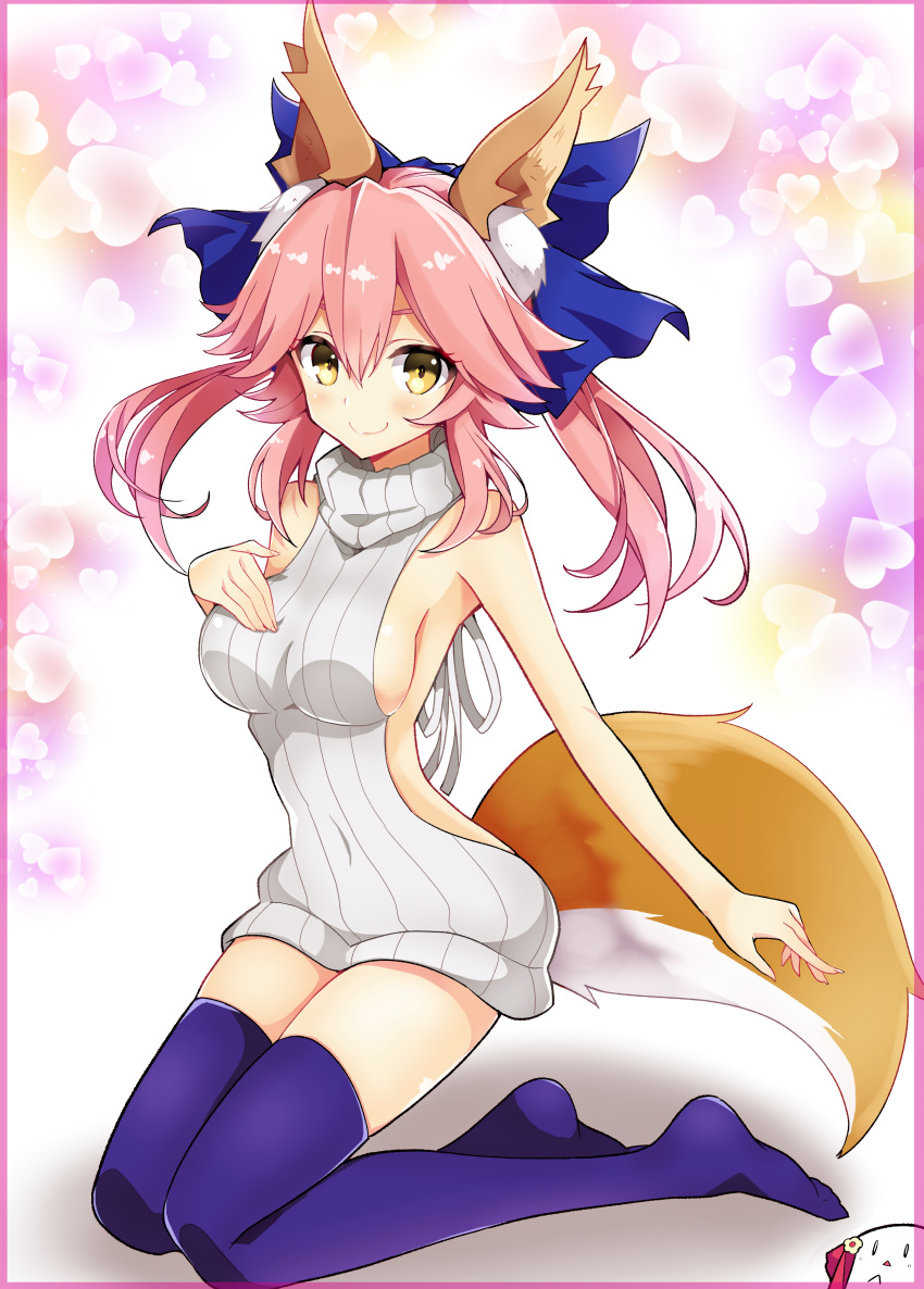 1girl absurdres animal_ear_fluff animal_ears black_eyelashes blue_legwear blue_thighhighs breasts eyebrows eyebrows_behind_hair eyelashes eyelashes_visible_through_hair fate/extra fate/grand_order fate_(series) fox_ears fox_tail hair hair_between_eyes hand_on_own_chest highres kneeling large_breasts legs legs_together looking_at_viewer nanakusa_amane no_bra pink_eyebrows pink_hair sideboob solo sweater tail tamamo_(fate)_(all) tamamo_no_mae_(fate) thighhighs thighs type-moon virgin_killer_sweater yellow_eyes