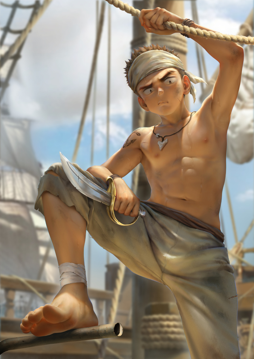 1boy abs absurdres beitemian commentary dagger highres knife male_focus original outdoors pirate sanpaku solo solo_focus textless toes topless_male weapon