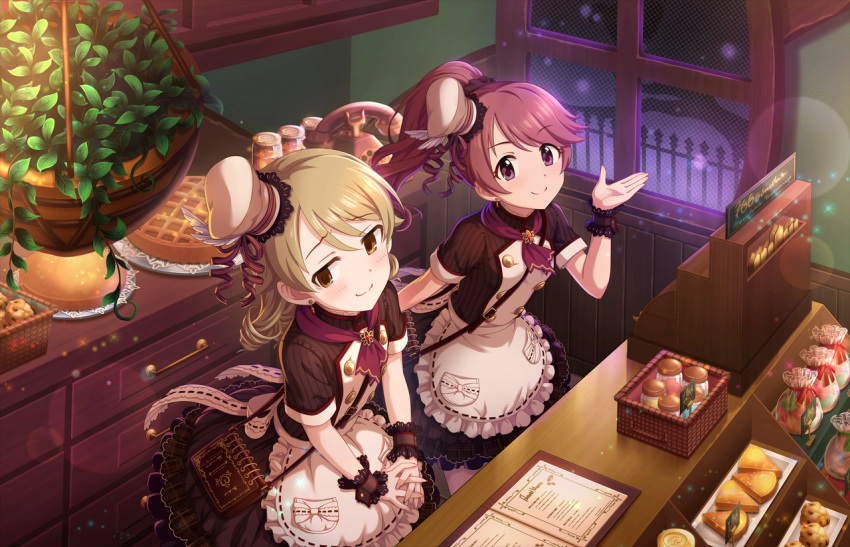 2girls apron artist_request bag bangs blush brown_eyes cake cash_register dress drill_hair earrings food frills hat idolmaster idolmaster_cinderella_girls idolmaster_cinderella_girls_starlight_stage jewelry light_brown_hair looking_at_viewer looking_to_the_side mini_hat morikubo_nono muffin multiple_girls nervous official_art parted_bangs patissier phone plant ponytail redhead shiina_noriko short_hair smile sweets window