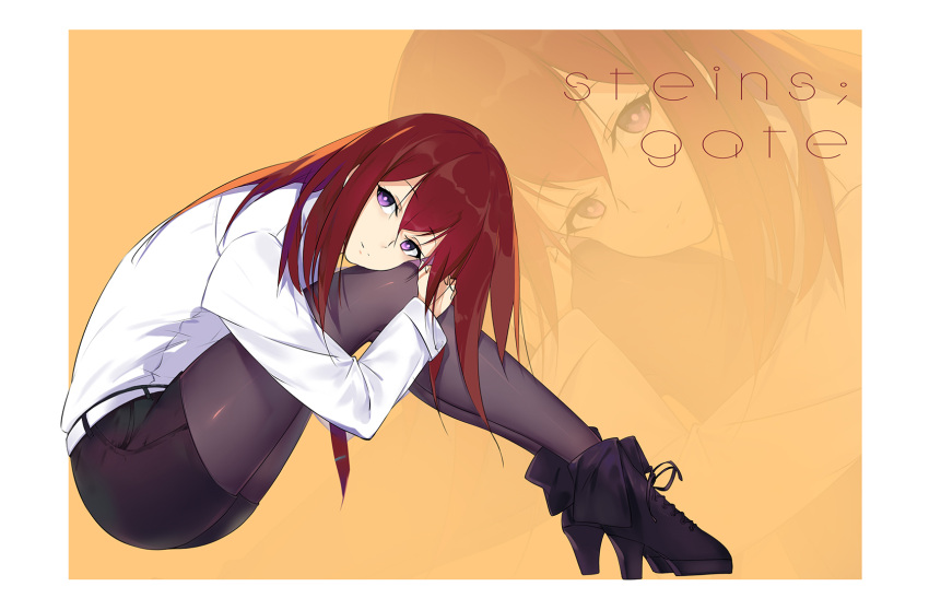 1girl ankle_boots black_boots black_legwear black_shorts boots closed_mouth copyright_name from_side full_body head_on_knees head_rest high_heel_boots high_heels highres leaning_forward long_hair long_sleeves looking_at_viewer looking_to_the_side makise_kurisu orange_background pantyhose pantyhose_under_shorts redhead shirt short_shorts shorts smile solo steins;gate violet_eyes white_border white_shirt wujia_xiaozi zoom_layer