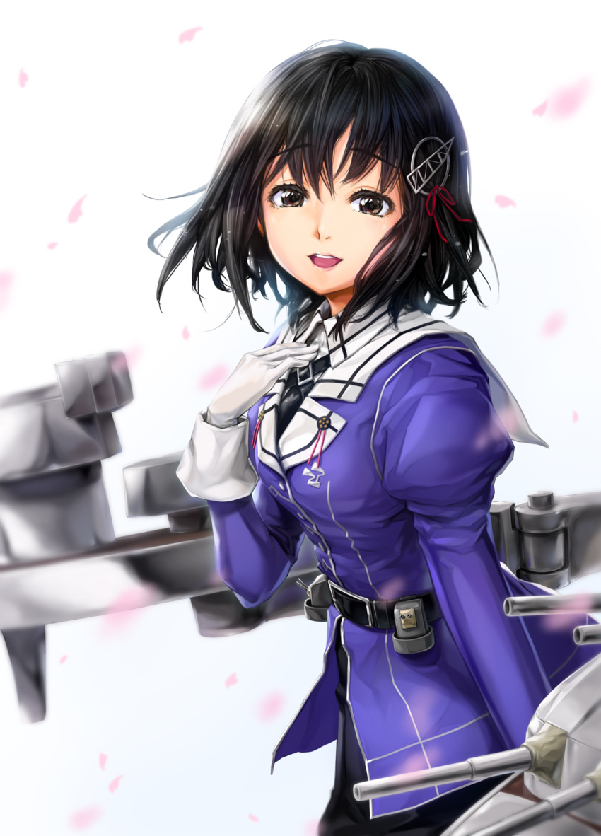 1girl aa_gun black_hair black_skirt brown_eyes cannon cherry_blossoms gloves haguro_(kantai_collection) hair_ornament highres jacket kanke_(kurochamame) kanke_(nekotaya) kantai_collection lips looking_at_viewer machinery open_mouth petals remodel_(kantai_collection) short_hair skirt smile solo turret white_background white_gloves